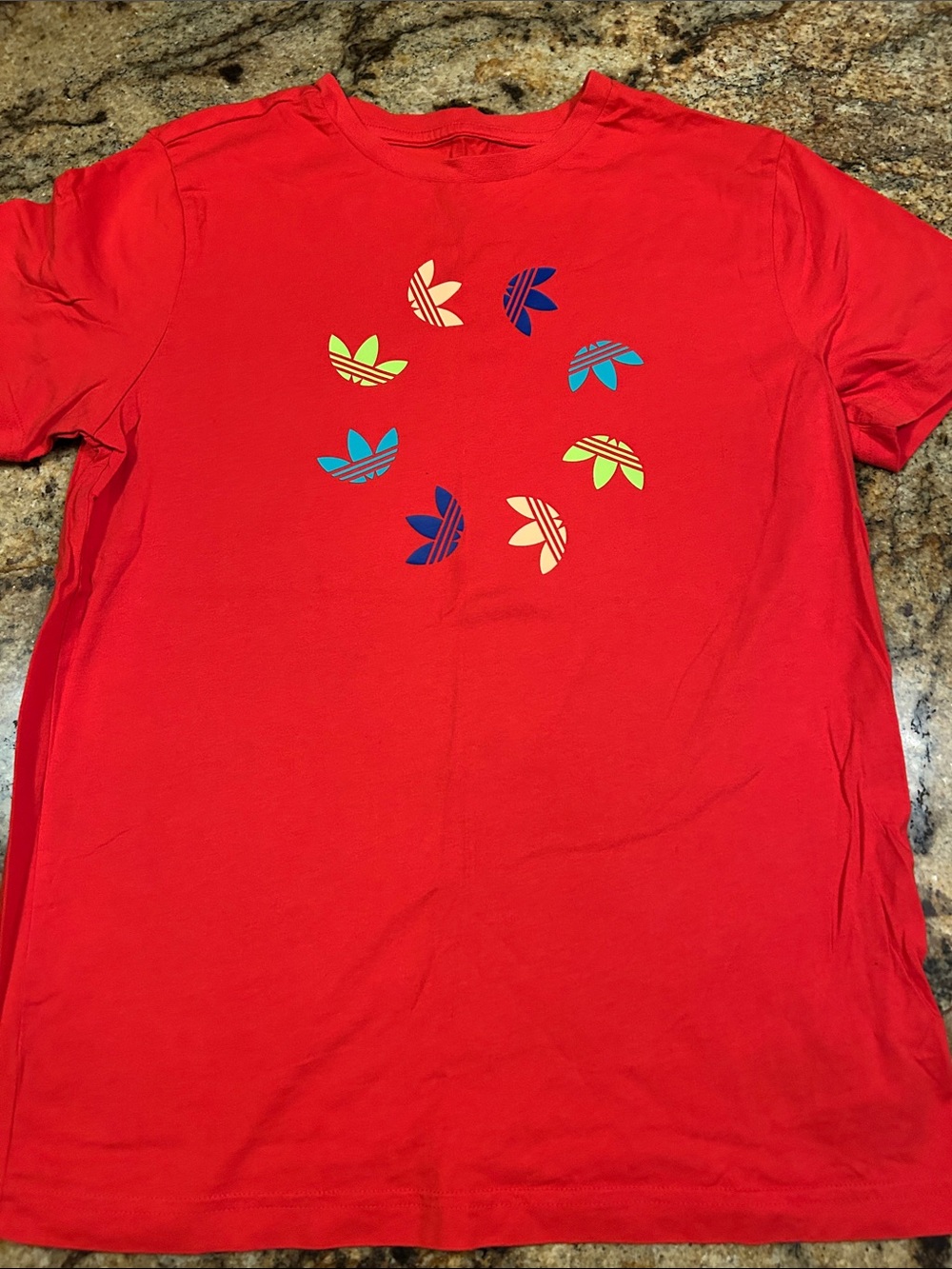 adidas Red Short Sleeve Tee with Multi-Color Trefoil Motifs
